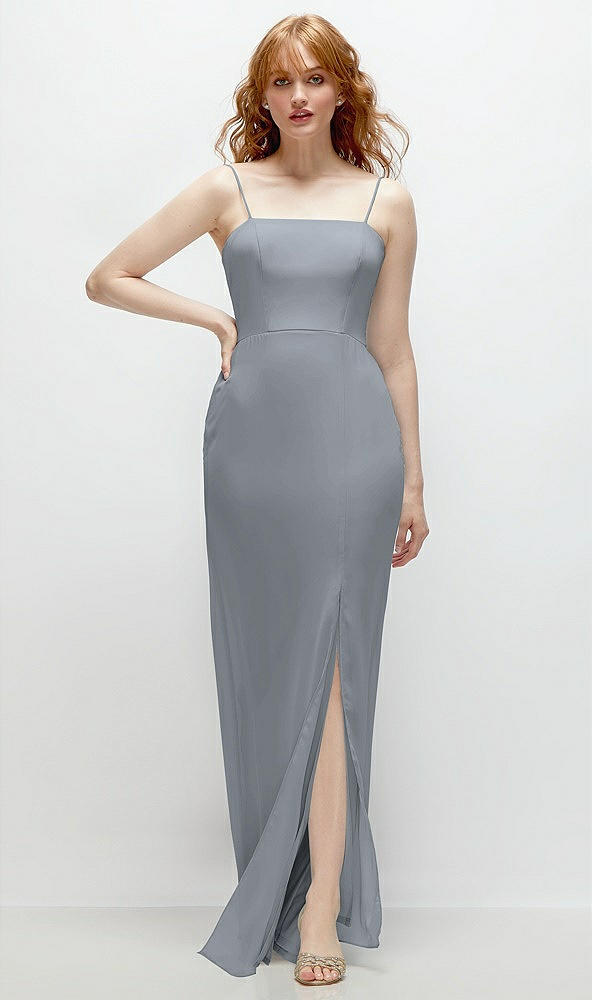 Front View - Platinum Tie-Back Cutout Trumpet Gown with Front Slit