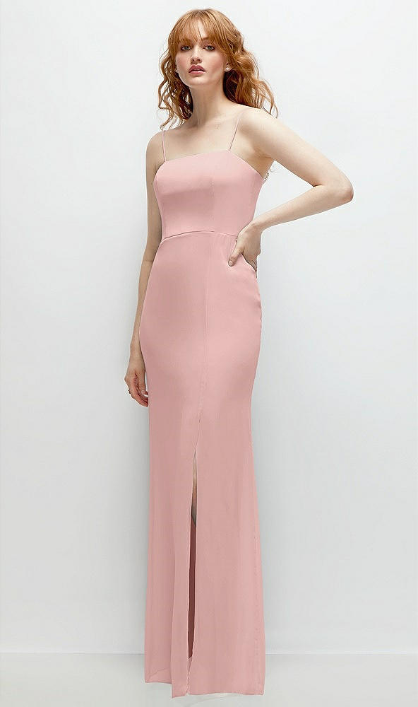 Back View - Rose - PANTONE Rose Quartz Tie-Back Cutout Trumpet Gown with Front Slit