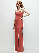 Rear View Thumbnail - Coral Pink Tie-Back Cutout Trumpet Gown with Front Slit