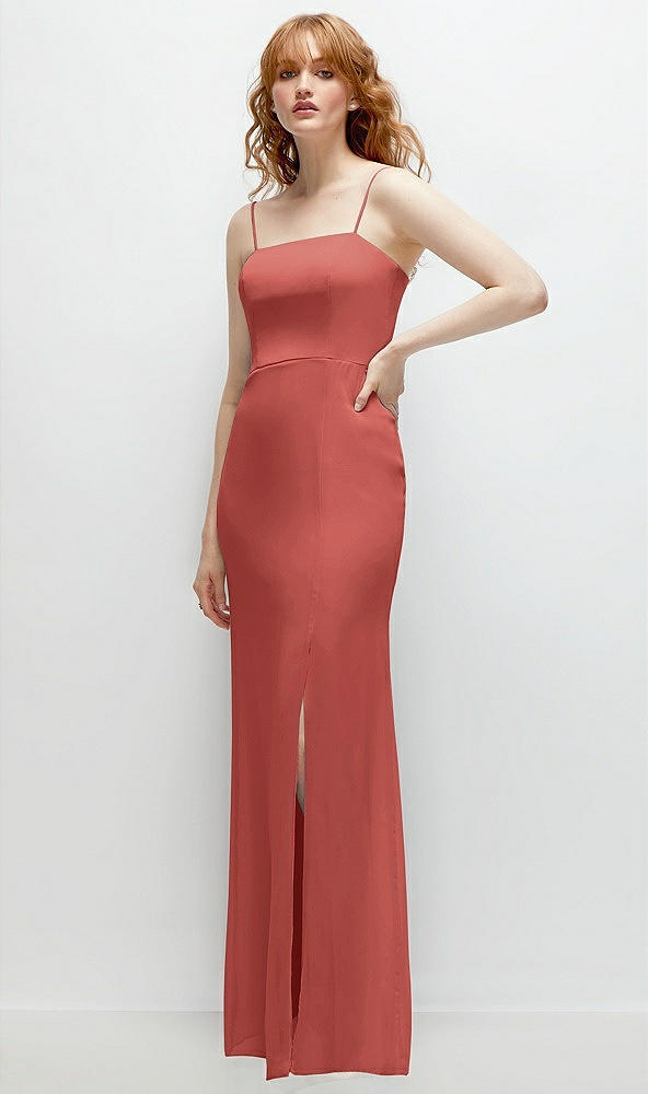 Back View - Coral Pink Tie-Back Cutout Trumpet Gown with Front Slit