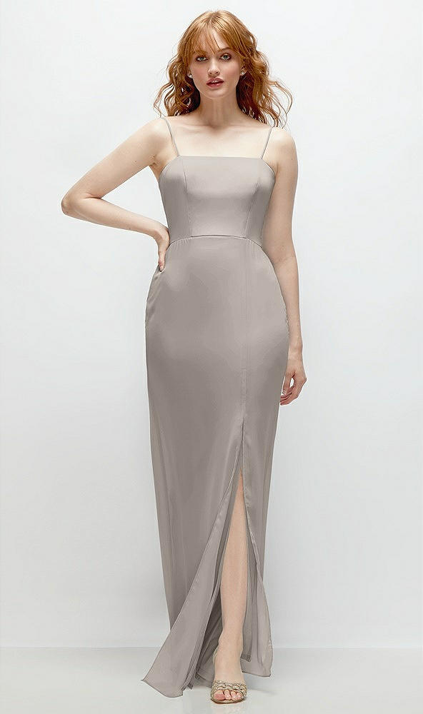 Front View - Taupe Tie-Back Cutout Trumpet Gown with Front Slit