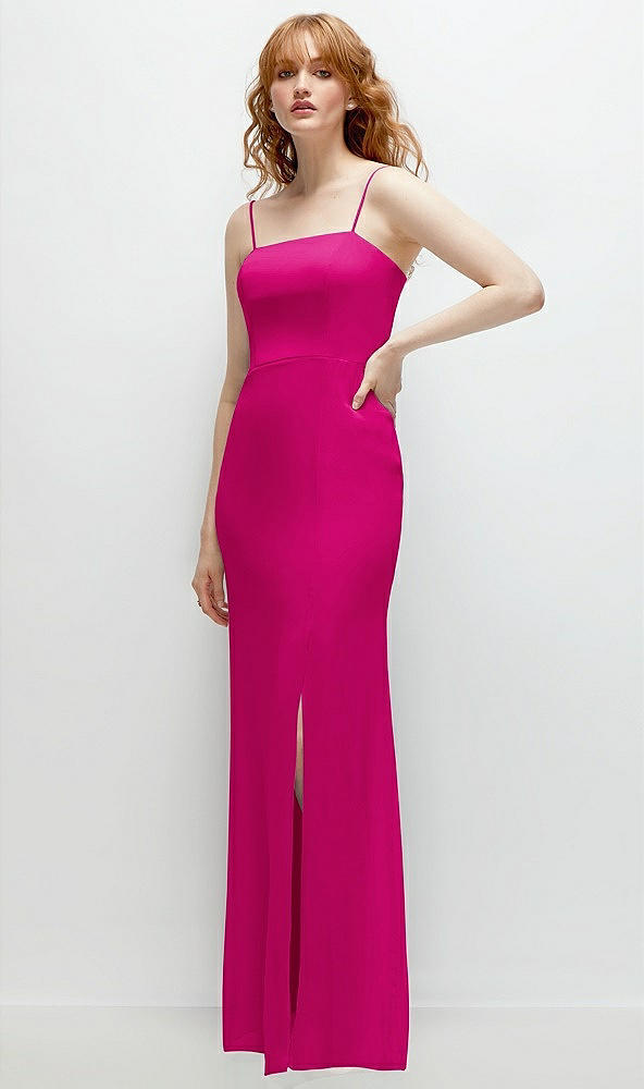 Back View - Think Pink Tie-Back Cutout Trumpet Gown with Front Slit