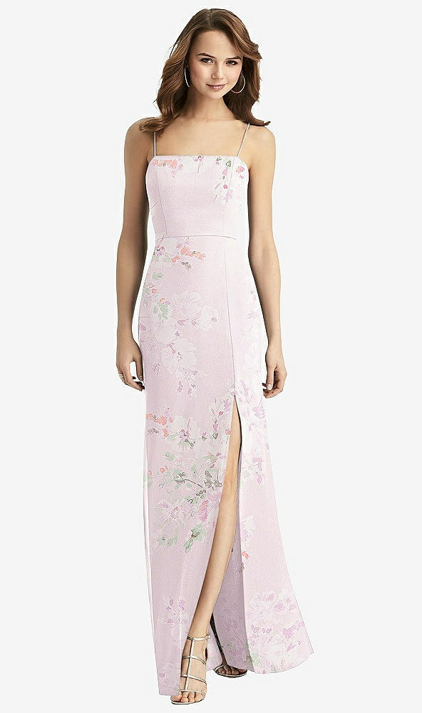 Front View - Watercolor Print Tie-Back Cutout Trumpet Gown with Front Slit