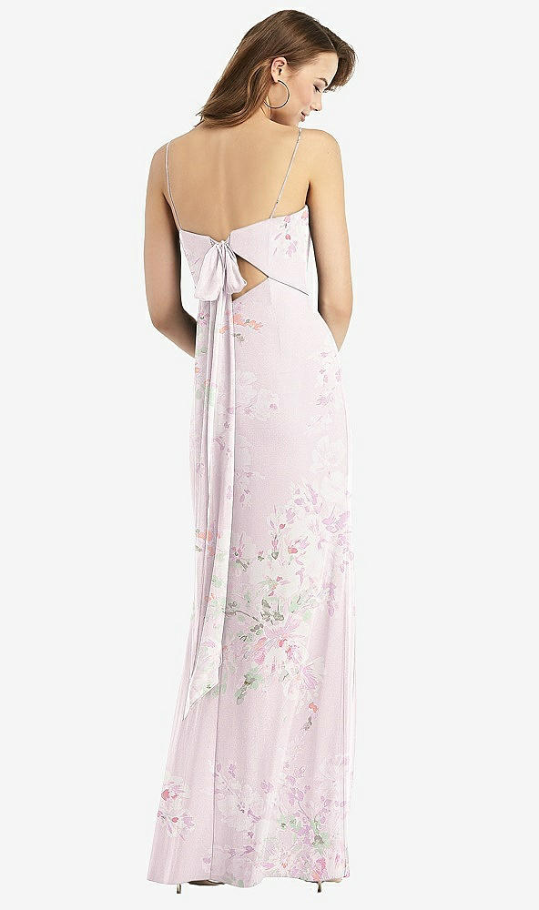 Back View - Watercolor Print Tie-Back Cutout Trumpet Gown with Front Slit