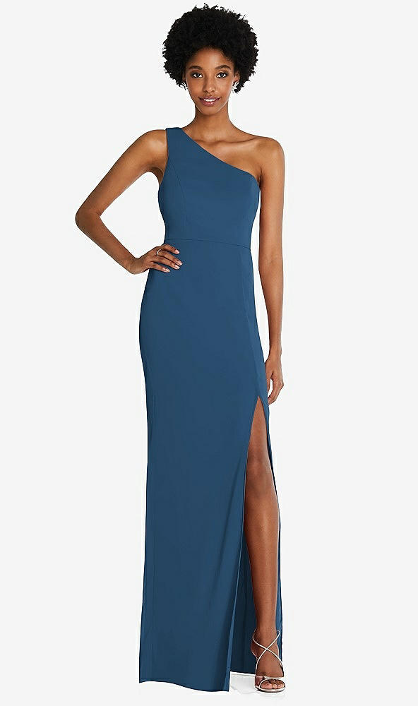 Front View - Dusk Blue One-Shoulder Chiffon Trumpet Gown