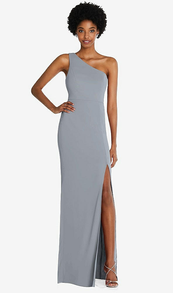 Front View - Platinum One-Shoulder Chiffon Trumpet Gown