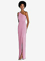 Side View Thumbnail - Powder Pink One-Shoulder Chiffon Trumpet Gown