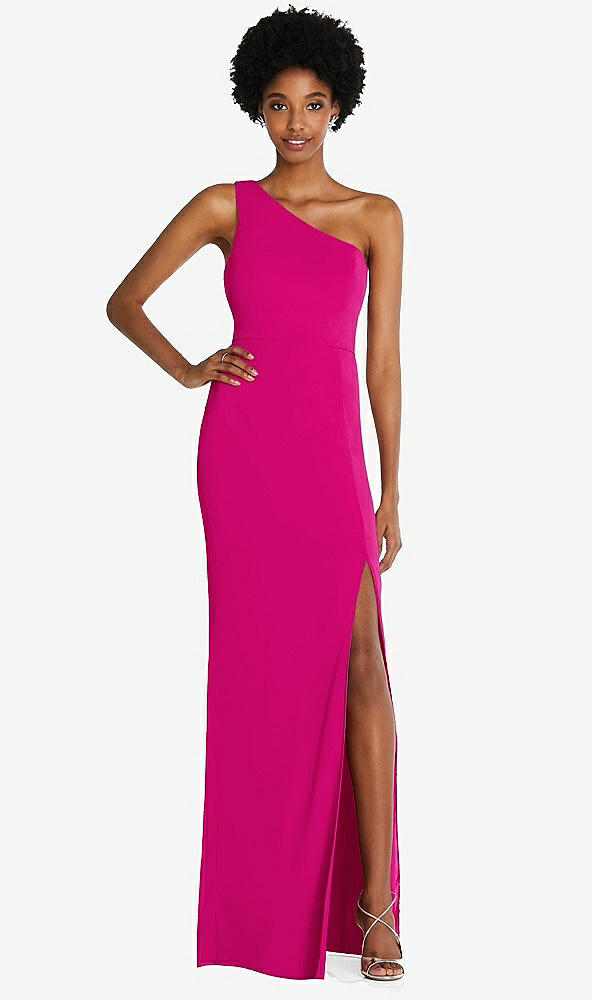 Front View - Think Pink One-Shoulder Chiffon Trumpet Gown