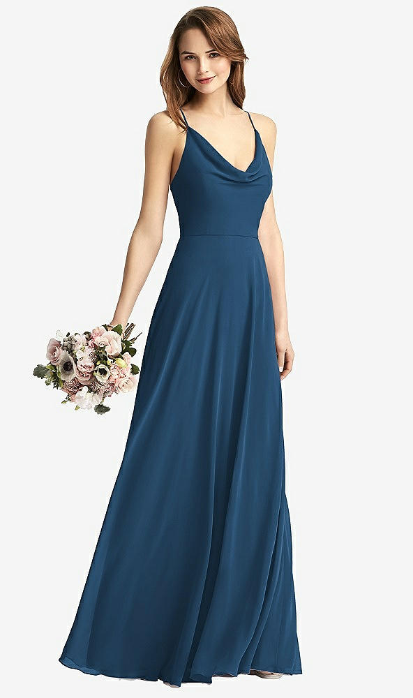 Front View - Dusk Blue Cowl Neck Criss Cross Back Maxi Dress