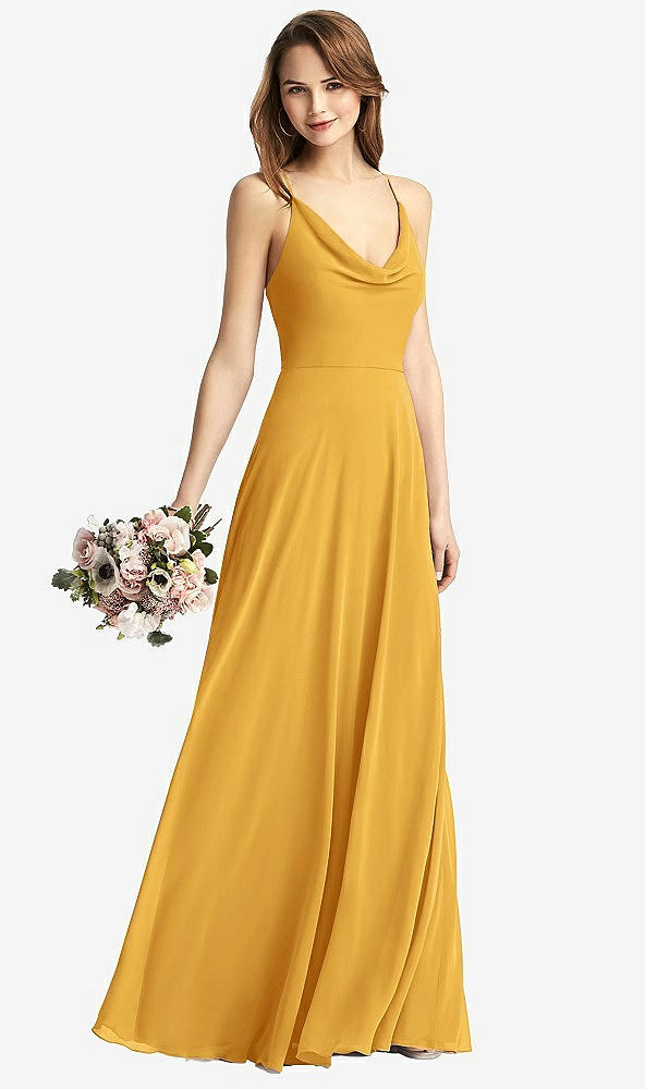 Front View - NYC Yellow Cowl Neck Criss Cross Back Maxi Dress