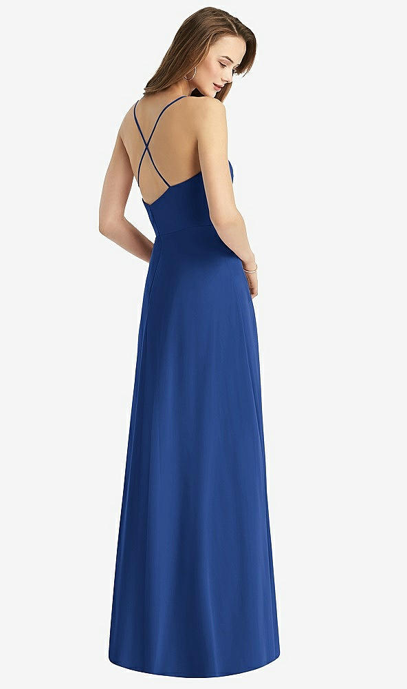 Back View - Classic Blue Cowl Neck Criss Cross Back Maxi Dress