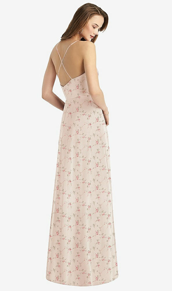 Back View - Coquette Floral Print Cowl Neck Criss Cross Back Maxi Dress