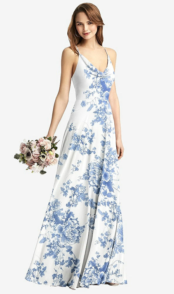 Front View - Cottage Rose Dusk Blue Cowl Neck Criss Cross Back Maxi Dress