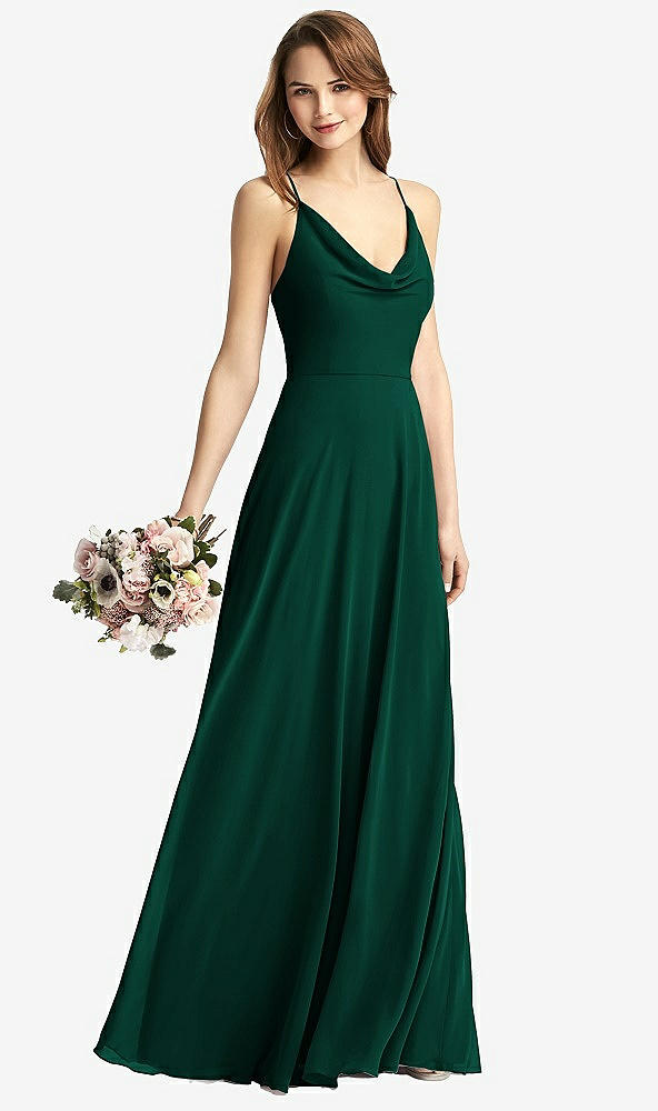 Front View - Hunter Green Cowl Neck Criss Cross Back Maxi Dress