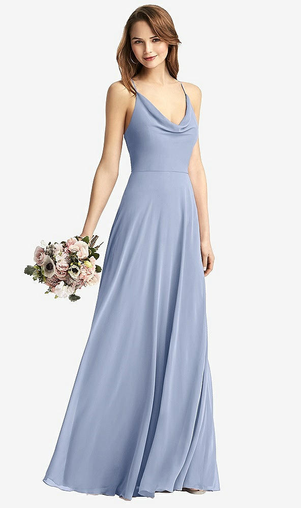 Front View - Sky Blue Cowl Neck Criss Cross Back Maxi Dress