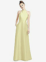 Rear View Thumbnail - Butter Yellow High-Neck Cutout Satin Dress with Pockets