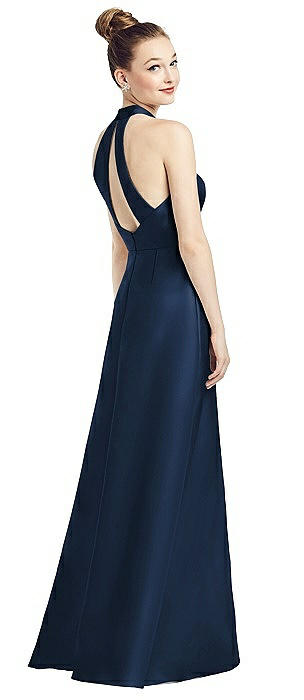 High-Neck Cutout Satin Dress with Pockets