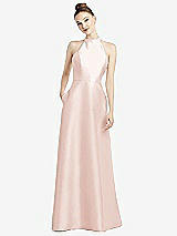 Rear View Thumbnail - Blush High-Neck Cutout Satin Dress with Pockets