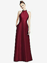 Rear View Thumbnail - Burgundy High-Neck Cutout Satin Dress with Pockets