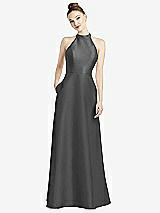 Rear View Thumbnail - Gunmetal High-Neck Cutout Satin Dress with Pockets