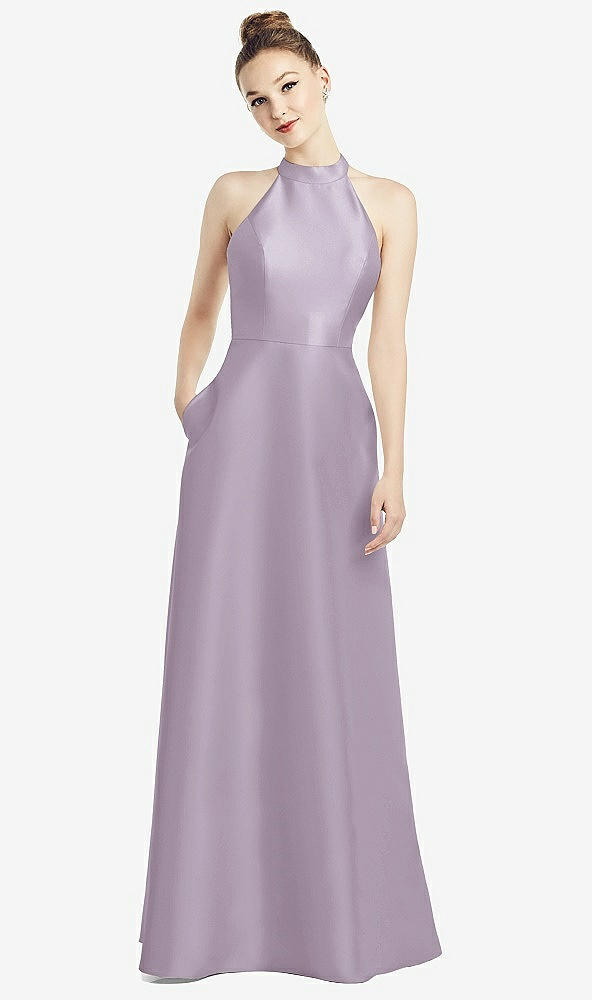 Back View - Lilac Haze High-Neck Cutout Satin Dress with Pockets