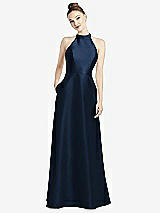 Rear View Thumbnail - Midnight Navy High-Neck Cutout Satin Dress with Pockets