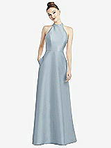 Rear View Thumbnail - Mist High-Neck Cutout Satin Dress with Pockets