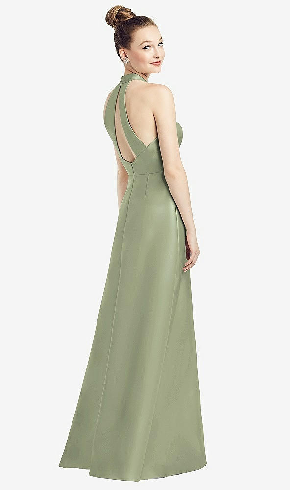 Front View - Sage High-Neck Cutout Satin Dress with Pockets