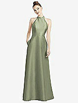 Rear View Thumbnail - Sage High-Neck Cutout Satin Dress with Pockets