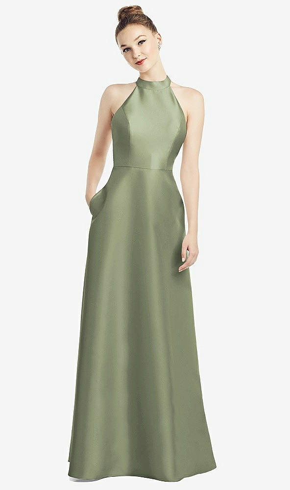 Back View - Sage High-Neck Cutout Satin Dress with Pockets