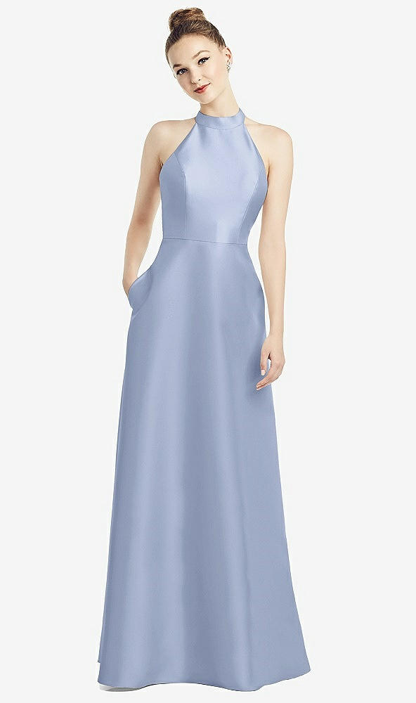 Back View - Sky Blue High-Neck Cutout Satin Dress with Pockets