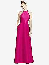 Rear View Thumbnail - Think Pink High-Neck Cutout Satin Dress with Pockets