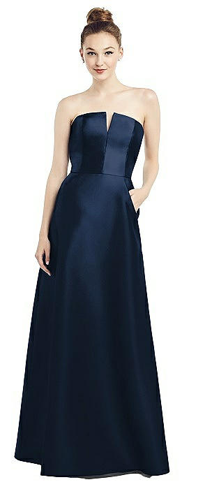 Strapless Notch Satin Gown with Pockets