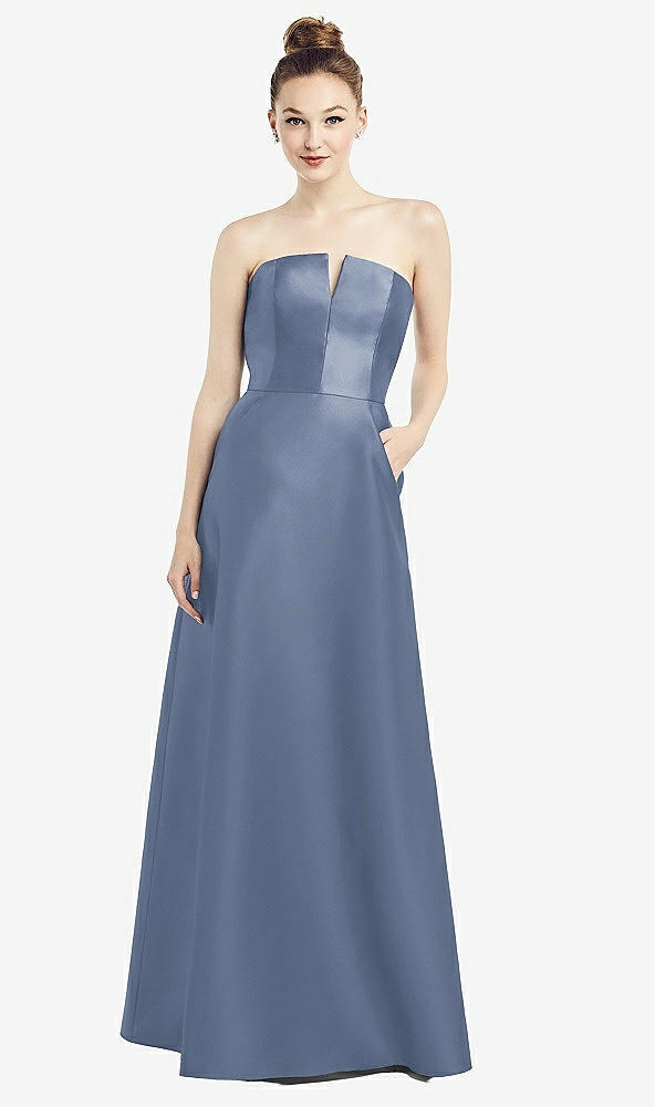 Front View - Larkspur Blue Strapless Notch Satin Gown with Pockets