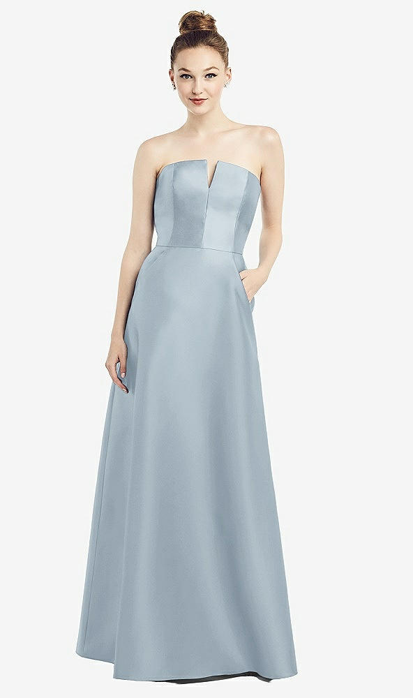 Front View - Mist Strapless Notch Satin Gown with Pockets