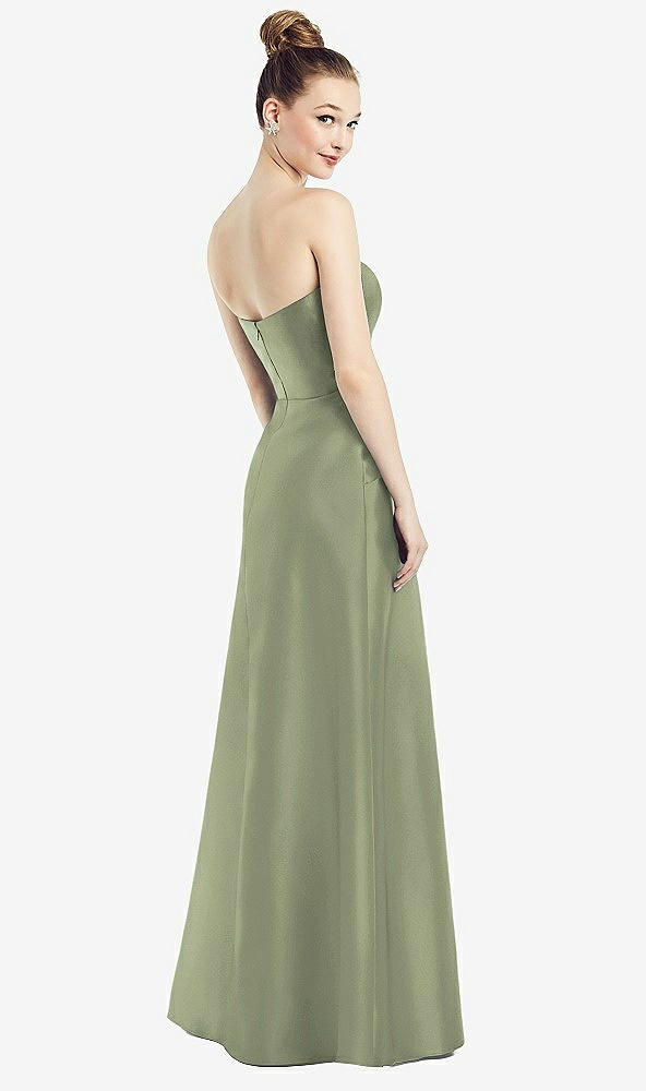 Back View - Sage Strapless Notch Satin Gown with Pockets