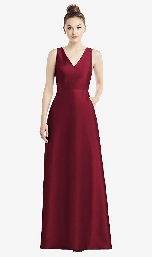 Front View - Burgundy Sleeveless V-Neck Satin Dress with Pockets