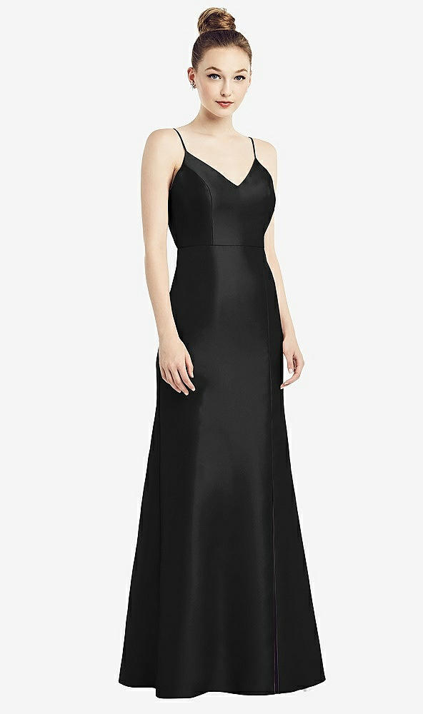 Back View - Black Open-Back Bow Tie Satin Trumpet Gown