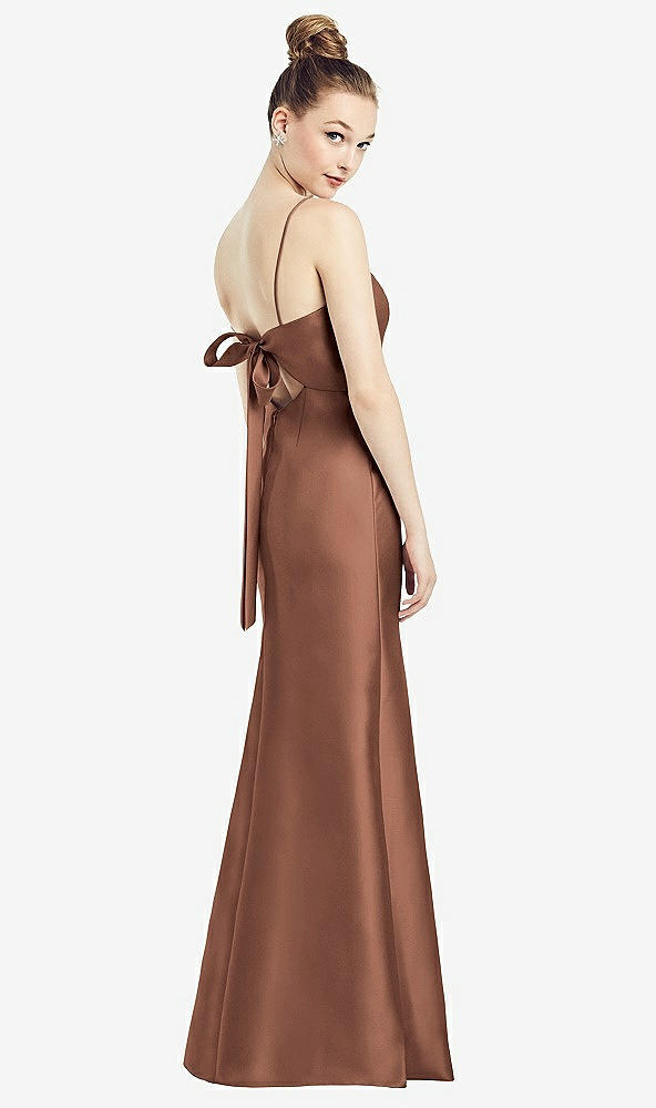 Front View - Cognac Open-Back Bow Tie Satin Trumpet Gown