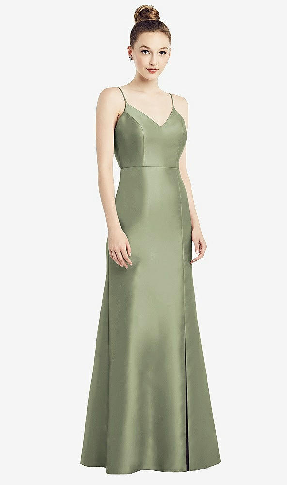 Back View - Sage Open-Back Bow Tie Satin Trumpet Gown