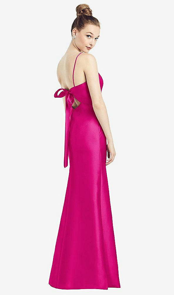 Front View - Think Pink Open-Back Bow Tie Satin Trumpet Gown