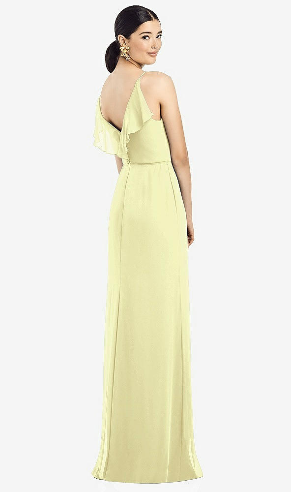 Front View - Butter Yellow Ruffled Back Chiffon Dress with Jeweled Sash