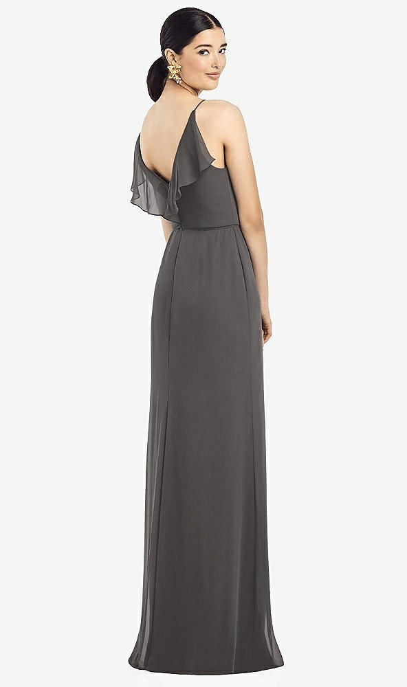 Front View - Caviar Gray Ruffled Back Chiffon Dress with Jeweled Sash