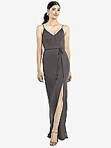 Rear View Thumbnail - Caviar Gray Ruffled Back Chiffon Dress with Jeweled Sash