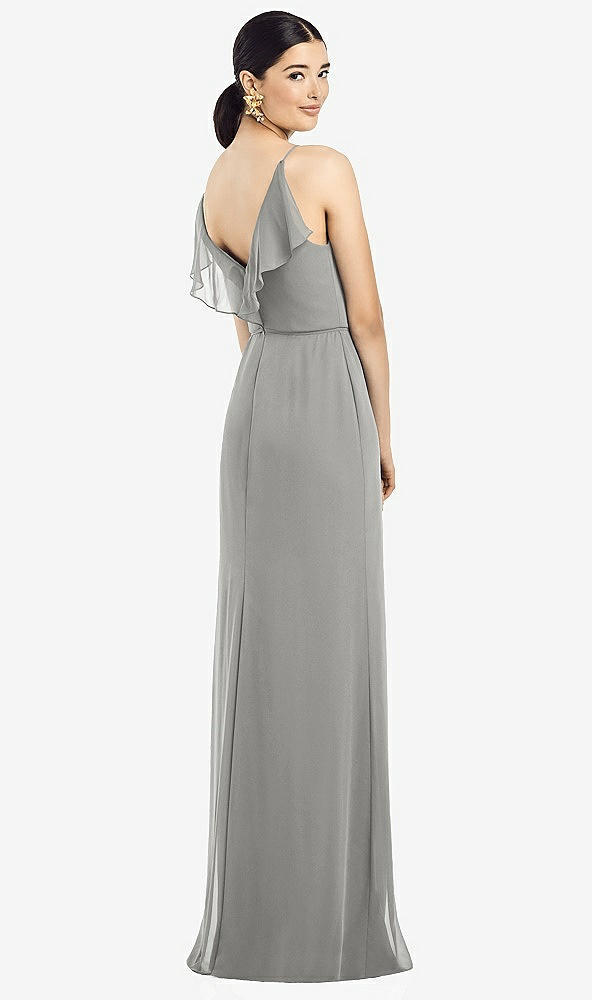 Front View - Chelsea Gray Ruffled Back Chiffon Dress with Jeweled Sash