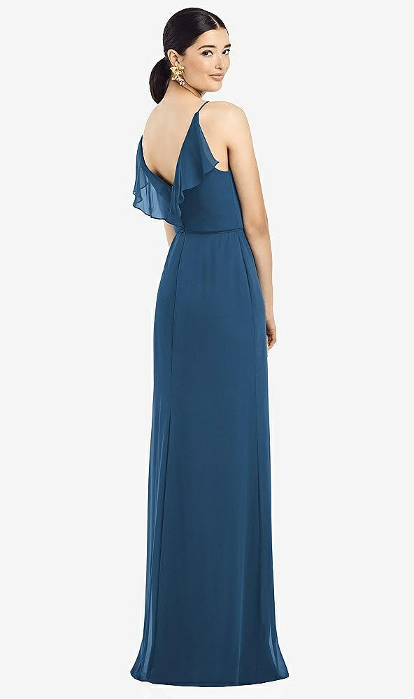 Front View - Dusk Blue Ruffled Back Chiffon Dress with Jeweled Sash