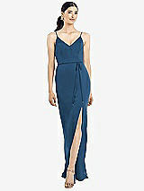 Rear View Thumbnail - Dusk Blue Ruffled Back Chiffon Dress with Jeweled Sash