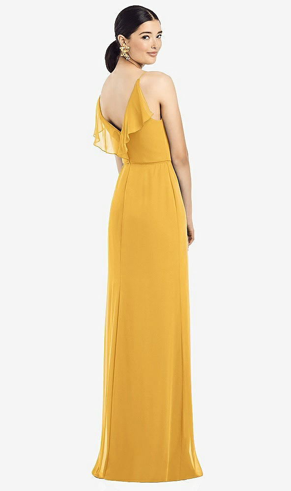 Front View - NYC Yellow Ruffled Back Chiffon Dress with Jeweled Sash