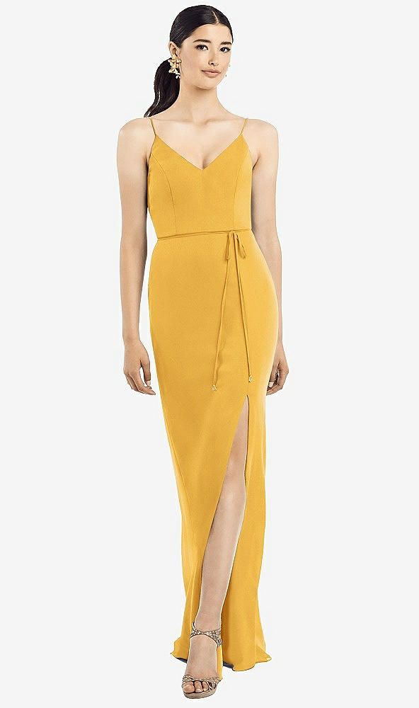 Back View - NYC Yellow Ruffled Back Chiffon Dress with Jeweled Sash