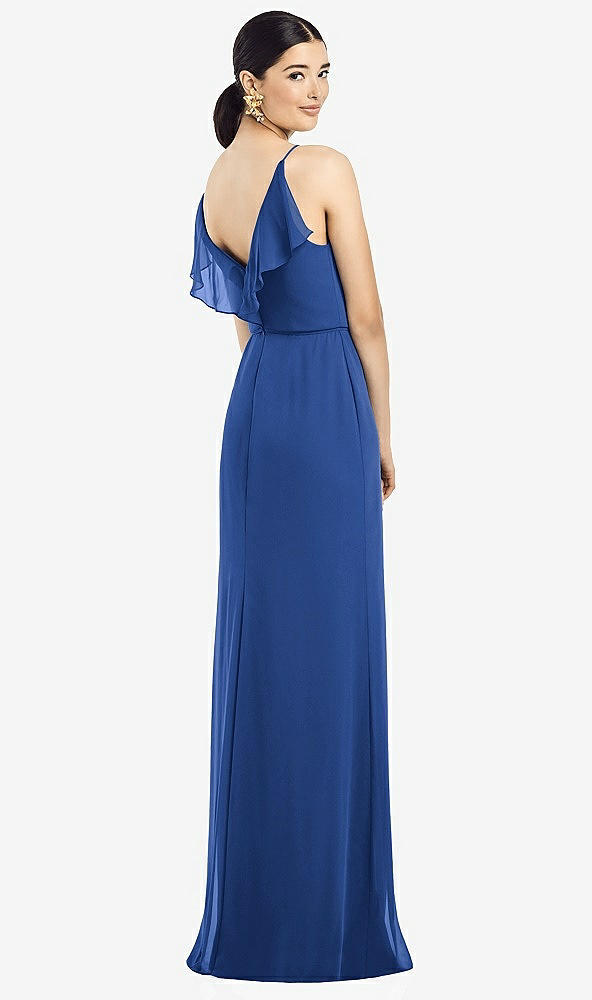 Front View - Classic Blue Ruffled Back Chiffon Dress with Jeweled Sash